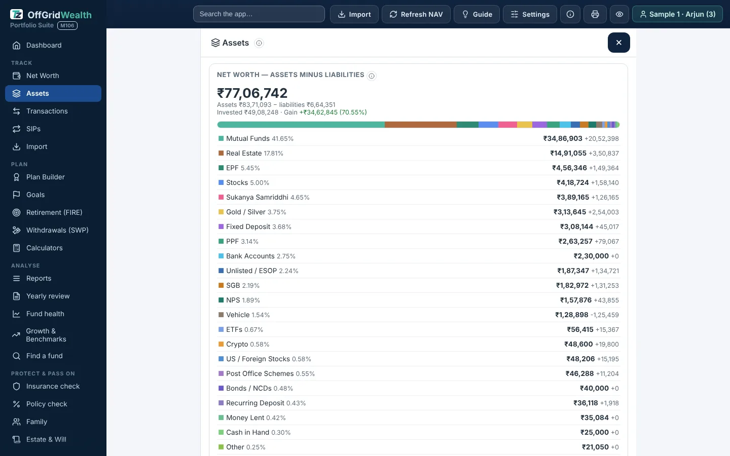 Assets screen with 23 kinds of holding