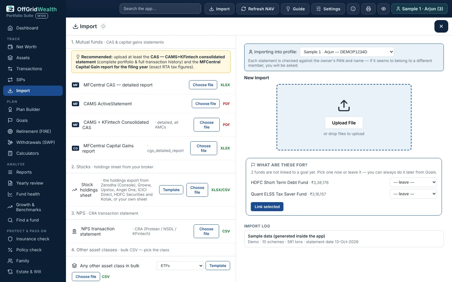 Import screen with statement types