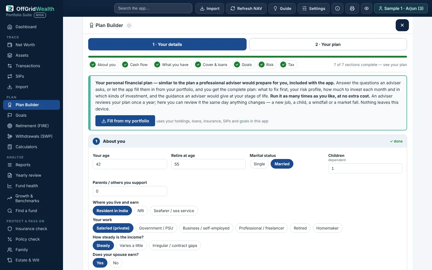Plan Builder result: risk profile, monthly investment and mix