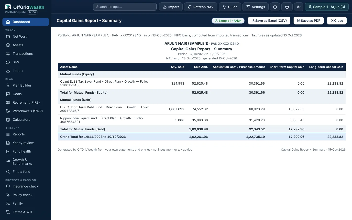 Capital gains summary report