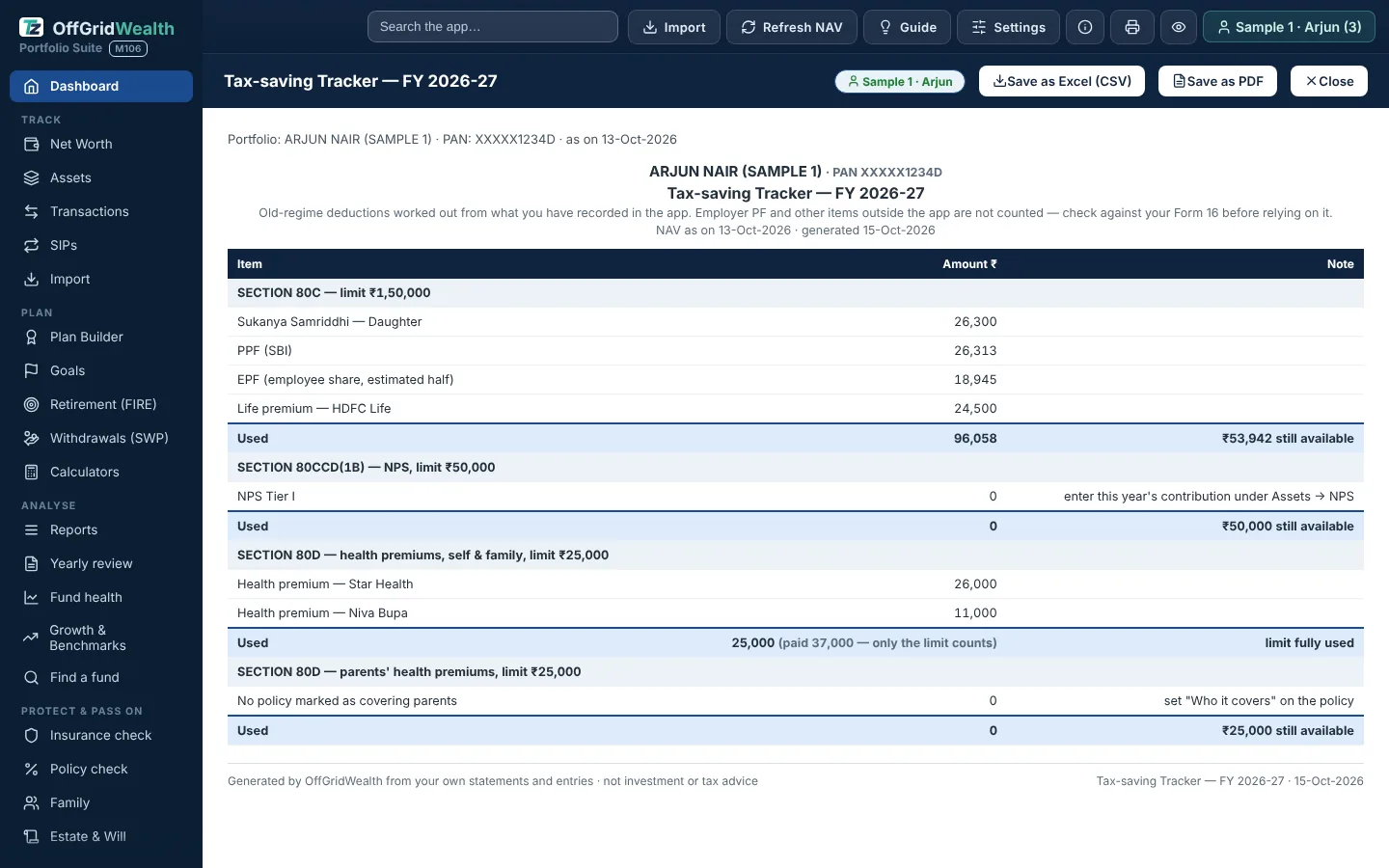 Tax-saving tracker report